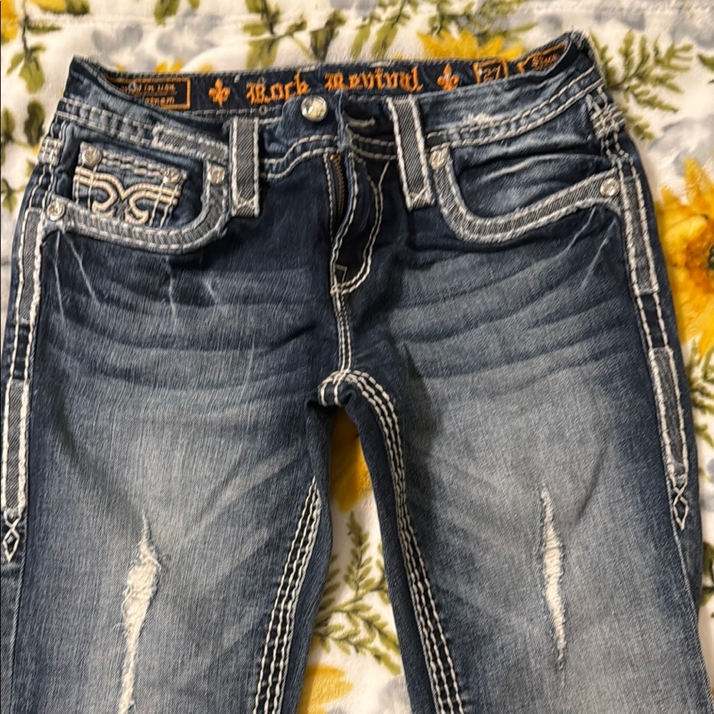 Rock Revival Blue Boot Cut Jeans with Distressed Detailing
